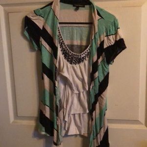 Teal and black with cream blouse